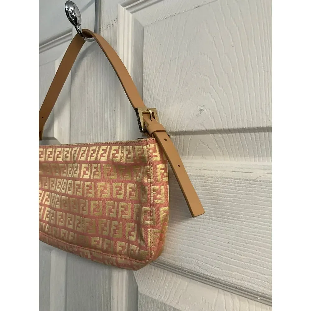 Fendi Vintage Pink Gold Zucchino FF Monogram Pochette Shoulder Bag